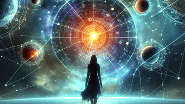 a woman walking in a space with planets and planets
