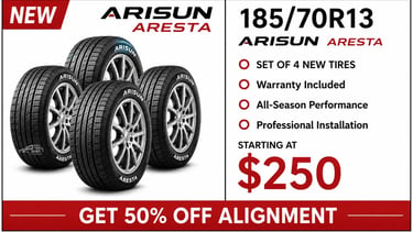 185/70R13 Arisun Aresta new tire set available at Fast Tire Shop in Los Angeles. Set of 4 new tires