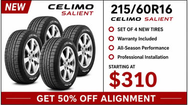 215/60R16 Celimo Salient new tire set available at Fast Tire Shop in Los Angeles. Set of 4 all-seaso