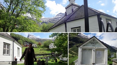 foto da autora visitando a igreja de Geiranger