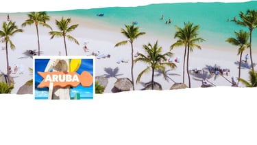 Montagem de foto com prai de fundo e a placa de Aruba.