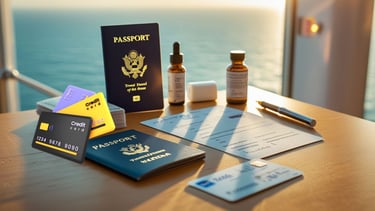 Documentos, cartões e medicamentos organizados para uma viagem de cruzeiro.