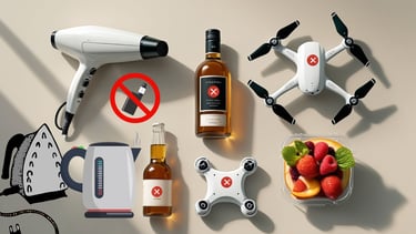 Objetos proibidos em cruzeiros, como ferro de passar, secador potente e bebidas alcoólicas.
