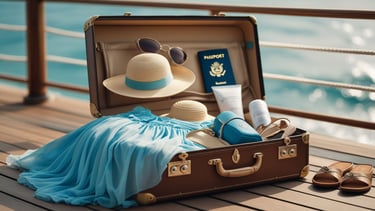 Mala organizada com itens essenciais para uma viagem de cruzeiro.