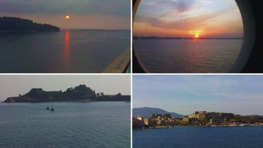 Corfu despertando sob a luz suave da manhã, com quatro paisagens registradas do navio.