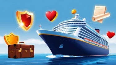 Navio de cruzeiro navegando em mar azul com logos de apólices de seguro flutuando ao redor.