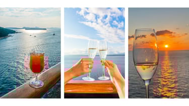 Três drinks variados em copos elegantes sobre balcão do navio com vista para o mar ao fundo