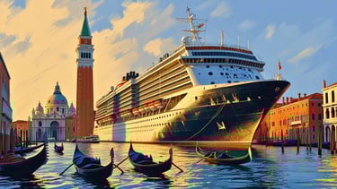 Navio de cruzeiro atracado no terminal de Veneza, com os canais e prédios históricos ao redor.
