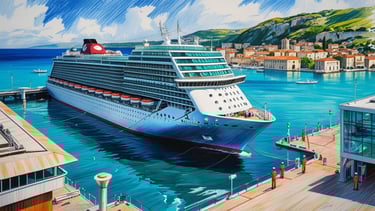 Navio de cruzeiro ancorado em porto do Mar Adriático, próximo ao centro da cidade.