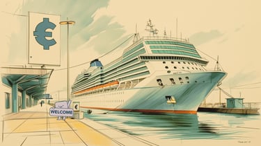 navio de cruzeiro atracado em porto do Báltico com símbolo de euro (€)