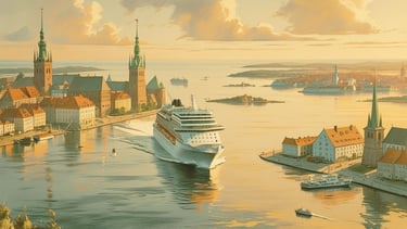 vista panorâmica de um navio de cruzeiro navegando pelo Mar Báltico entre ilhas