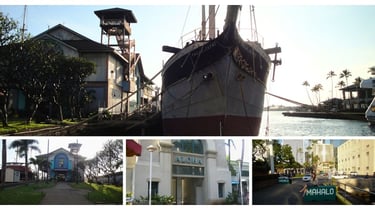 Autora no Aloha Tower com o museu e embarcações ao fundo no porto de Honolulu.