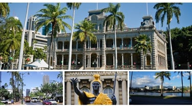 Passeio pelo centro de Honolulu com vista de pontos turísticos e ruas movimentadas