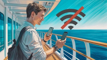 Passageiro adulto no deck de um navio segurando celular com sinal de Wi-Fi fraco, oceano ao fundo