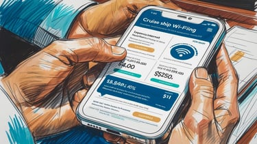 Passageiro conferindo pacotes de internet a bordo de navio no celular ou folheto, destacando preço elevado