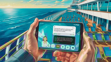 Passageiro adulto no deck com celular mostrando mensagem enviada e vídeo travado, mostrando limitações do Wi-Fi
