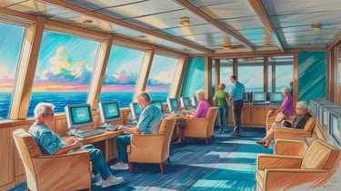 Interior do Internet Center de um navio, com alguns passageiros adultos usando computadores, janelas mostrando o mar