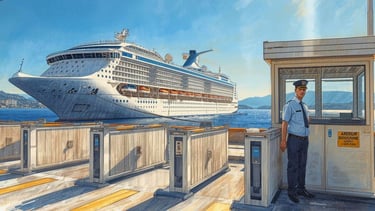Porto de cruzeiro no Egeu com guichês de imigração, barreiras de segurança e navio ao fundo.
