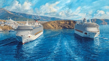 Dois navios de cruzeiro de diferentes companhias navegando nas águas azuis do Mar Egeu, com ilhas gregas ao fundo.