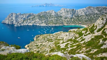 Vista panorâmica das Calanques de Marselha com o mar azul ao fundo, observada do topo da colina.