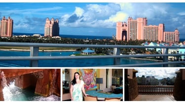 Autora no cassino do Atlantis Resort em Nassau, com a arquitetura temática ao fundo