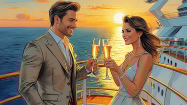 Casal brindando no deck do navio ao pôr do sol, celebrando a experiência com OBC.