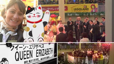 Recepção do navio em Osaka, com tripulação e público celebrando no porto