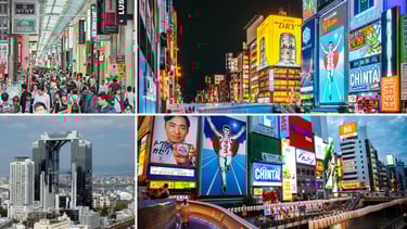 Panorama urbano de Osaka com Dotonbori, Shinsaibashi e Umeda Sky Building