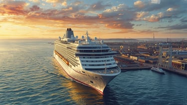 imagem gerada por IA de um navio de cruzeiro saindo do porto de Liverpool com águas do rio Mersey ao redor