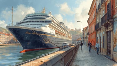 imagem gerada por IA do porto da cidade do Porto, com navio de cruzeiro e cais ao fundo
