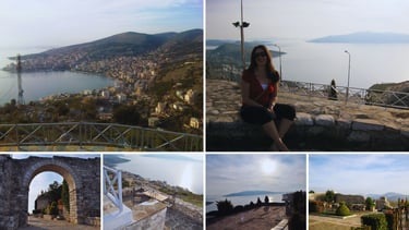Montagem com seis fotos revelando as vistas panorâmicas do alto do Castelo de Lëkursi, em Sarandë.