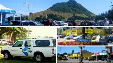 Set de fotos mostrando diferentes partes da cidade de Tauranga, incluindo ruas e paisagens.