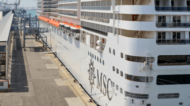 Navio da MSC no porto, destaque para embarque e desembarque em terminal de cruzeiros.