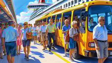Turistas caminhando no cais em frente ao navio de cruzeiro antes da excursão