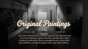 Original oil-on-canvas paintings by Yous Sufi displayed in a dimly lit art gallery setting.