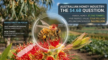 Infographic showing a honey bee with a Varroa destructor mite, highlighting the Australian honey industry's $4.6 billion