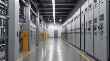 A row of multiple electrical meters and panels is mounted on a brick wall. The setup includes several round meters with clear covers, metal conduits, and electrical boxes. The equipment is organized and securely installed.