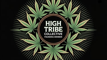 Psychedelic cannabis poster design with glowing green marijuana leaves forming a circular crest, gol