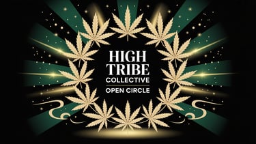 a marijuana leaf with a gold frame and a black background and the words high tribe collective open c
