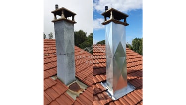 Abergement de cheminée en zinc sur tuiles mécaniques.