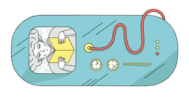 Une personne allongée dans un caisson hyperbare en train de lire un livre