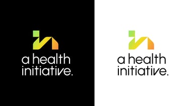 A Health Initiative minimalist logo design with a geometric 'HI' icon in neon gradient colors.