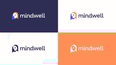 Mental health horizontal logo variations on purple and orange background.