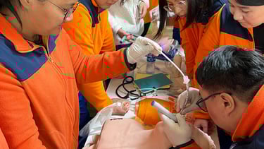 Ambulance doctors practicing intubation