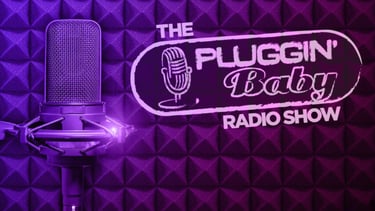a microphone in front of a purple background with brand Pluggin baby radio show