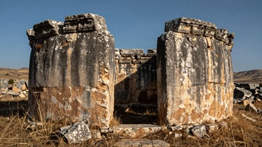 Weathered stone ruins of an undocumented Roman outpost in the Taurus foothills, harsh shadows, dry grass.