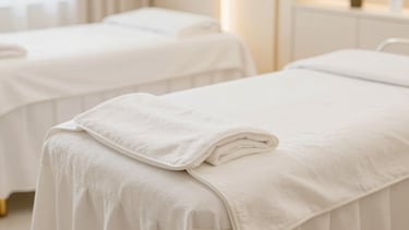 Close-up of a luxurious white treatment room with gold accents, soft warm lighting, minimalist decor, pristine clean surfaces