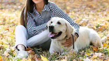 a woman sitting on the ground with her dog