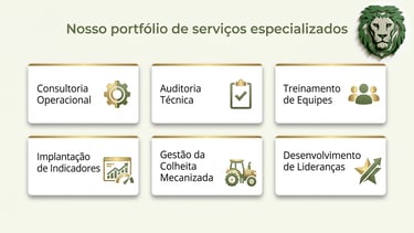 Portfólio de serviços especializados em gestão agrícola, consultoria e treinamento de equipes.