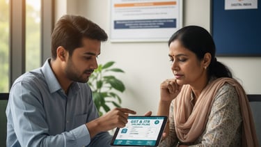 a man and woman sitting at a table with a tablet